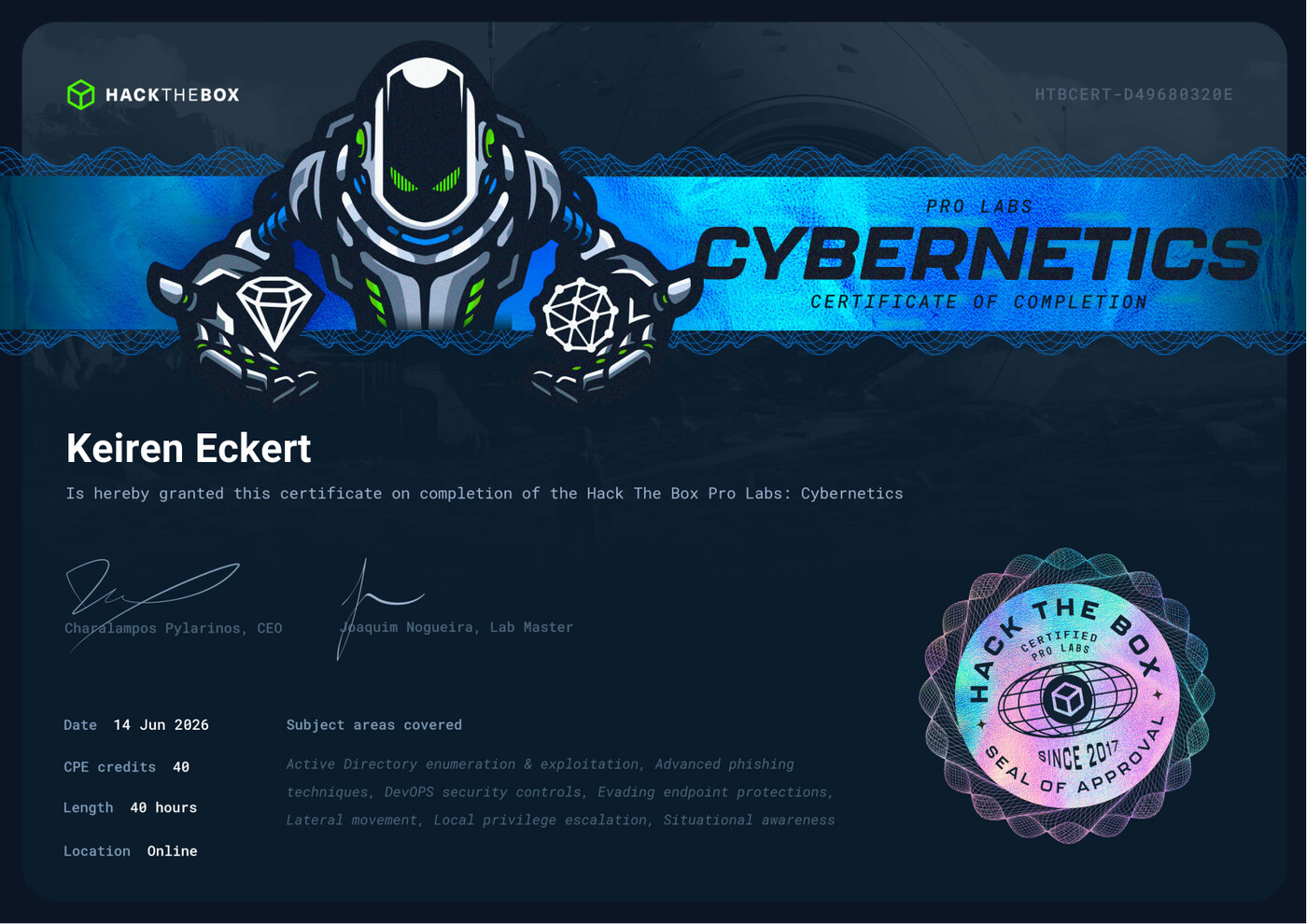 HackTheBox Pro Labs Cybernetics certificate of completion, awarded to Keiren Eckert on 14 June 2026
