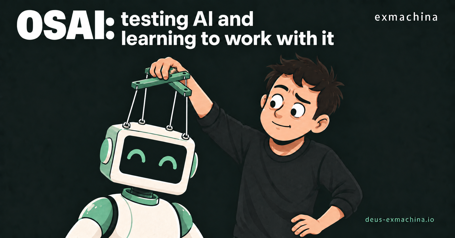 A cautious operator controls a cheerful square-headed robot with marionette strings.